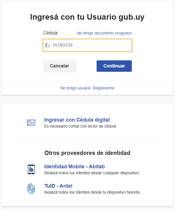 Ejemplo de autenticación centralizada de ciudadanos, que se puede integrar a los Trámites en Línea. (fuente: https://mi.iduruguay.gub.uy/ )