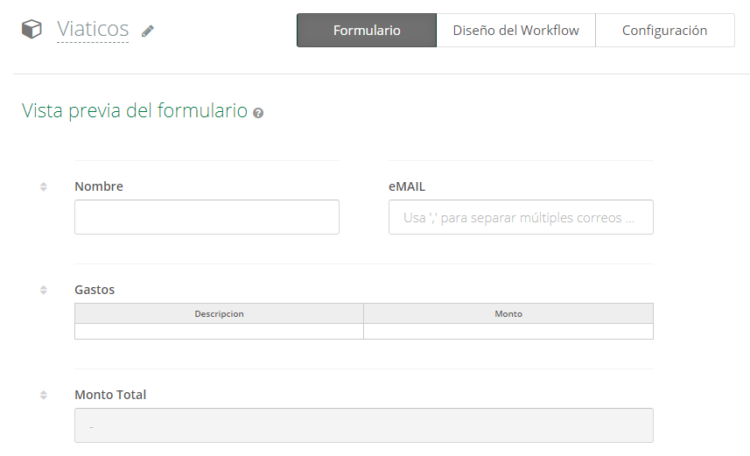 Formulario del workflow de viáticos