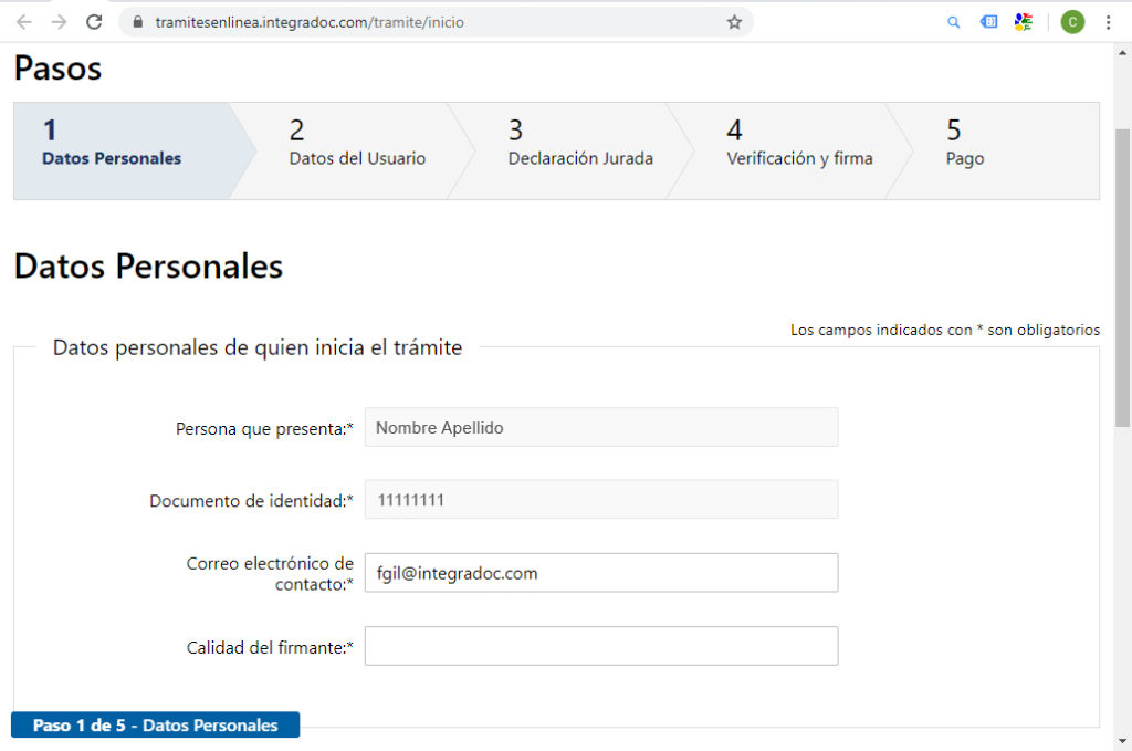 Pasos al inicio de un trámite en línea de INTEGRADOC